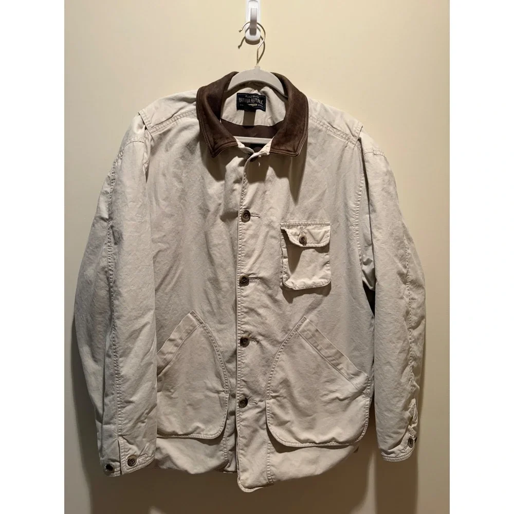 Banana Republic Mens Vintage Field Jacket Cotton Canvas Leather Trim Beige M